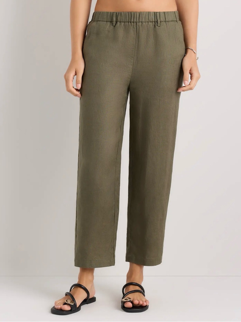 Quince Olive Elastic-Waist Linen-Blend Chinos